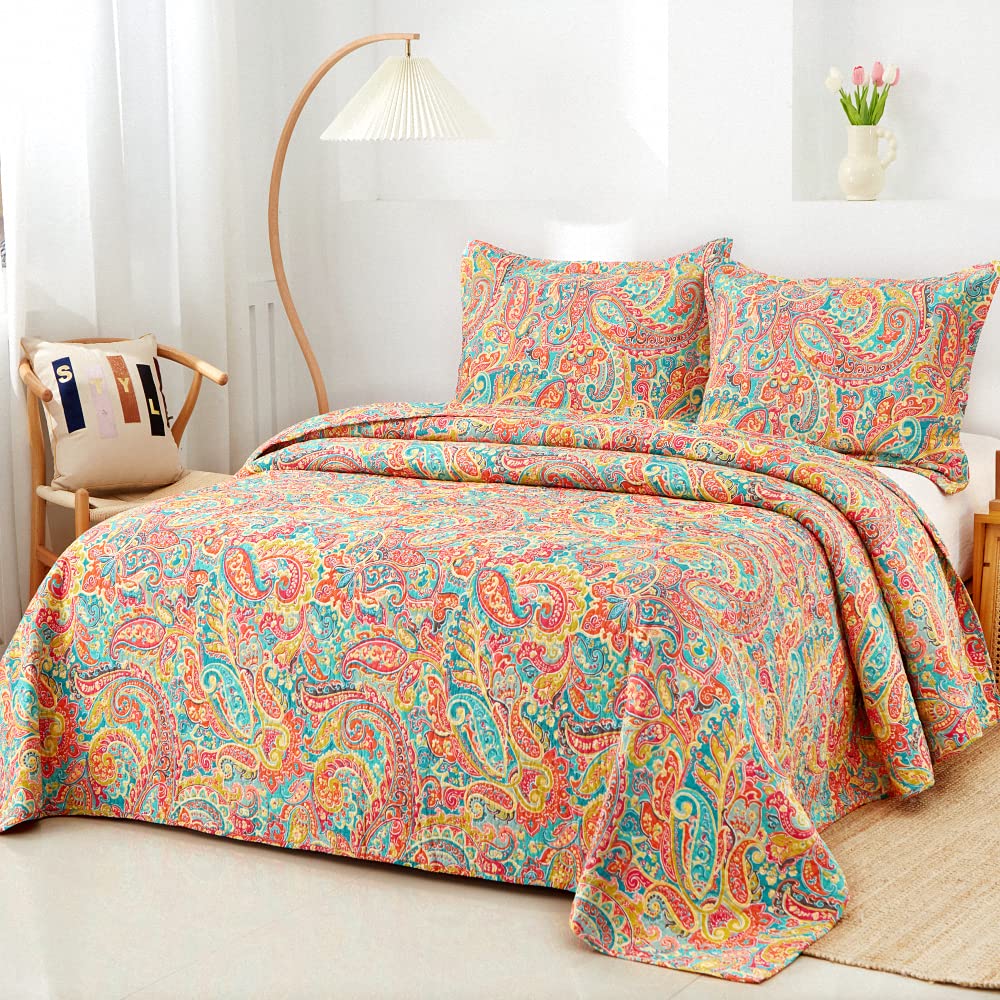 Paisley Quilt Sets, Soft Cotton Bedspread with 2 Shams, Lightweight Reversible Quilted Coverlet All Season