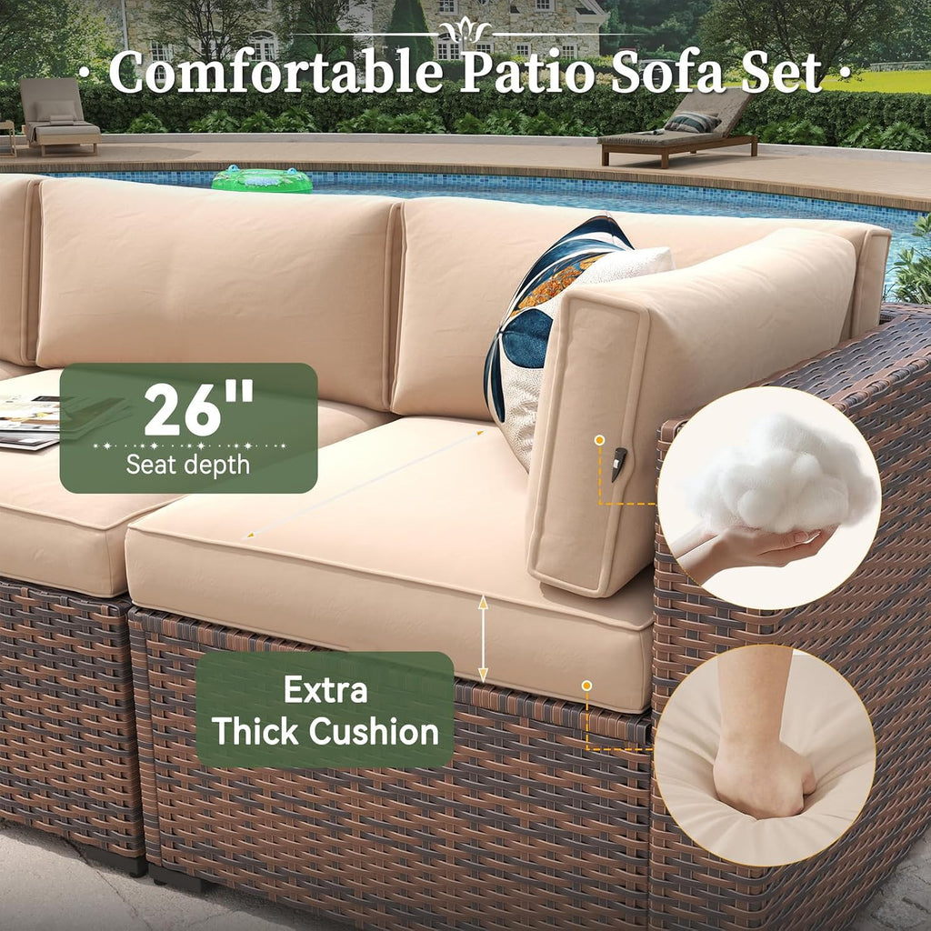 8 Piece Patio Furniture Set with 44" Fire Pit Table Wicker Rattan | Outdoor Sectional Sofa Set with Coffee Table and