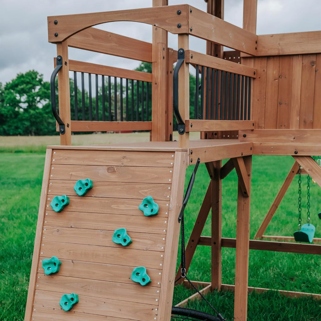 Sterling Point Cedar Wood Swing Set with Wave Slide, Raised Clubhouse, Wooden Bridge, Rock Wall, Belt Swings, Web