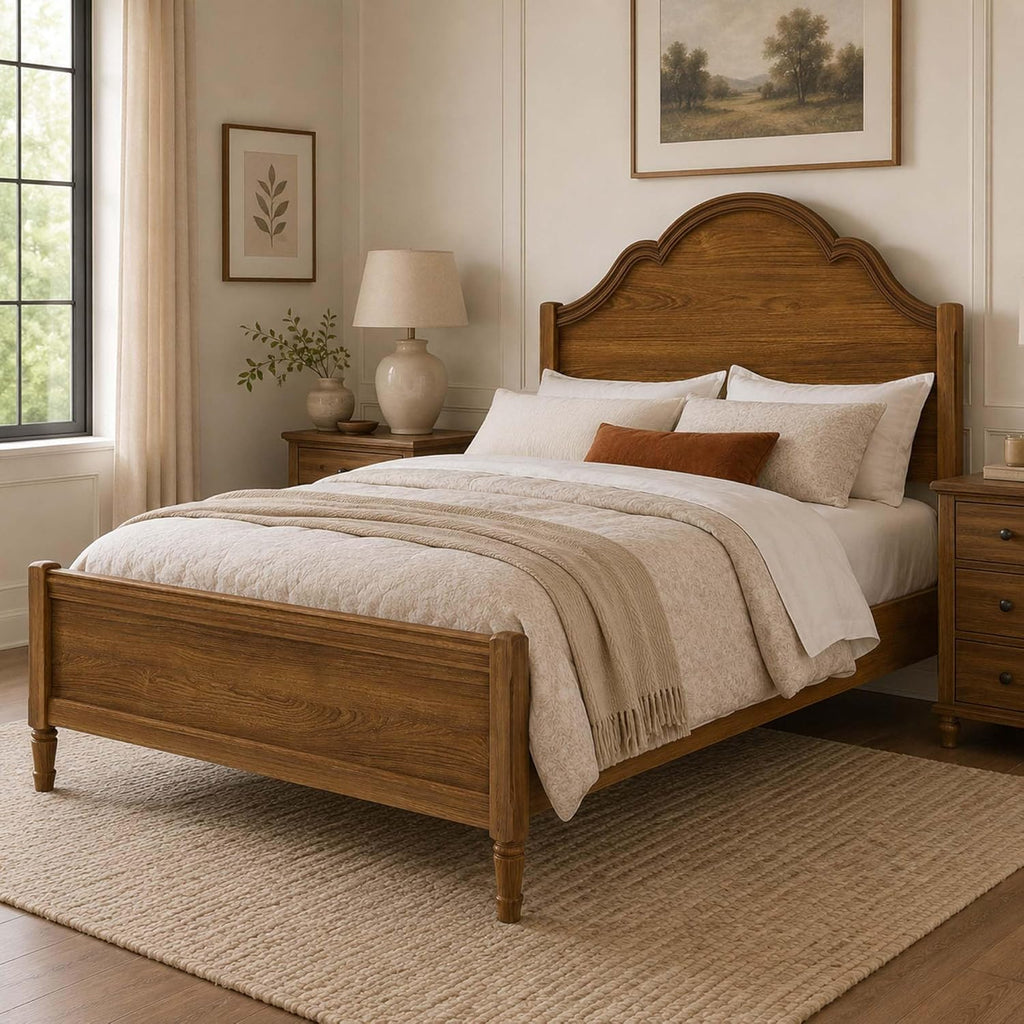 Rustic Vintage Full Wood Bed Frame with Retro Style Tall Headboard, Farmhouse Wooden Bed Frames Full Platform Bed