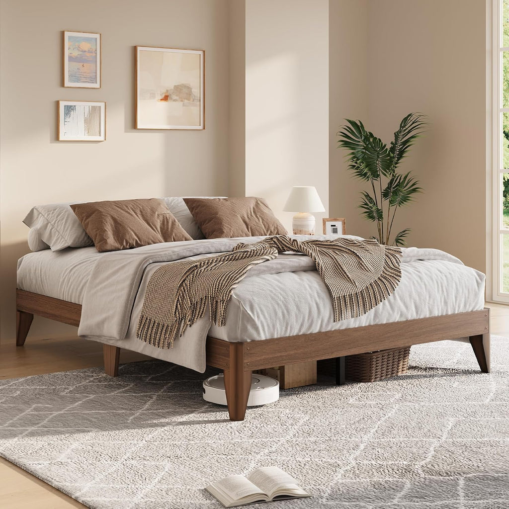 Wood Platform Bed Frame Queen, Solid Wooden Legs and Wooden Slats Support, Sturdy Metal Central Structure, No Box