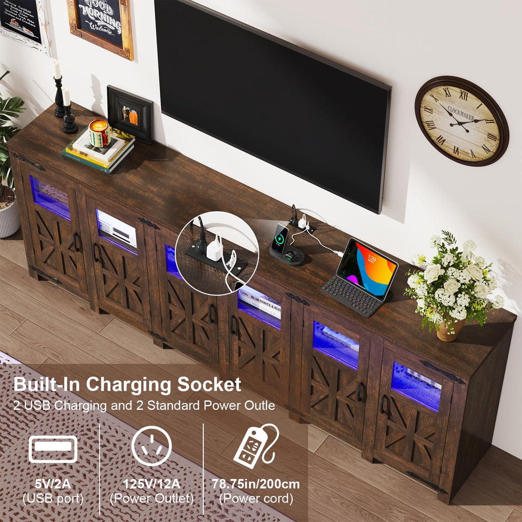 95" Large LED Farmhouse TV Stand for 100/90/80In TVs with Power Outlets, Tall Entertainment Center Storage