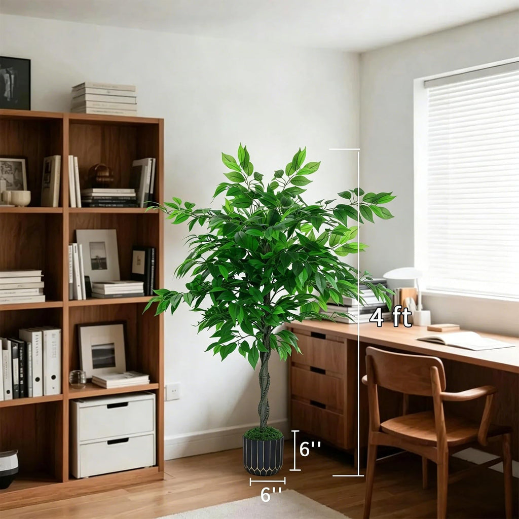 Artificial Ficus Tree 4FT Tall, Artificial Plants Indoor with Black Planter Faux Ficus Tree Realistic Faux Silk Plant
