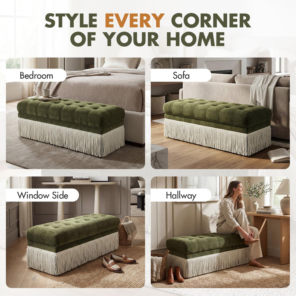 47-Inch Chenille Ottoman Bench Vintage Tufted Fringe Design Green