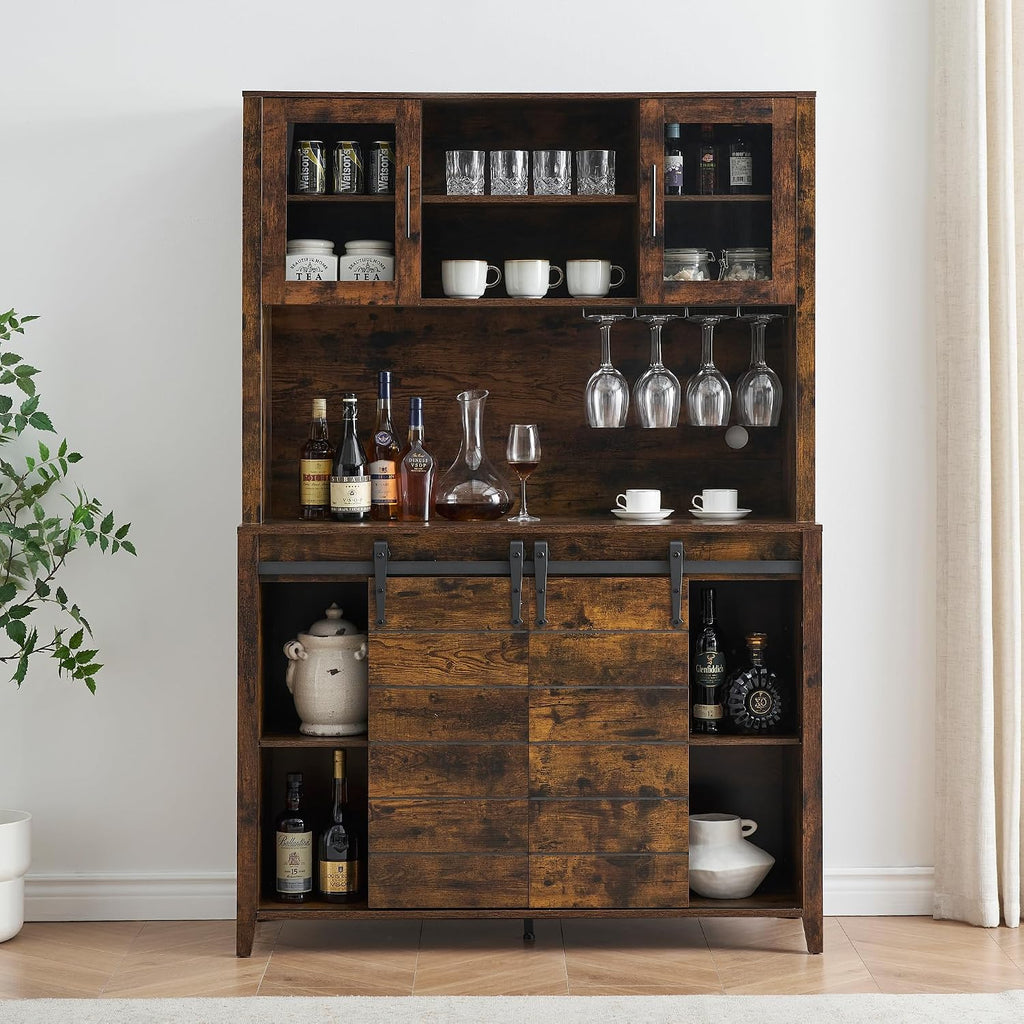 70'' Wine Coffee Bar Cabinet with Storage Hutch, Tall Kitchen Pantry Liquor Cabinet with Sliding Barn Doors, Bottle