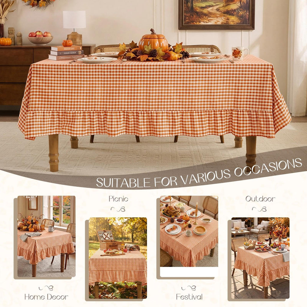 Fall Gingham Ruffled Tablecloth Rectangle, 60 x 102 Inch Orange