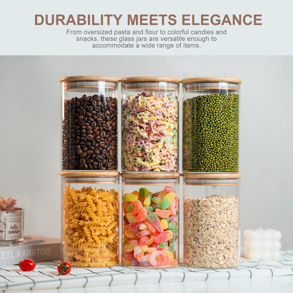 Glass Food Storage Jars 6-Pack 37oz - 4x6 in-Clear Glass Food Canisters with Bamboo Lid Airtight For Serving Tea