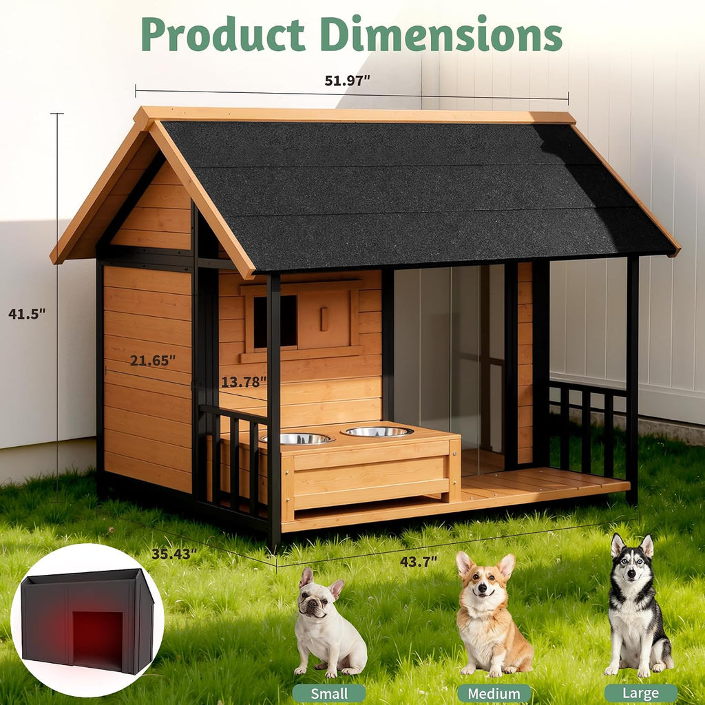 Large Dog House with Porch & Dog Bowls with Insulated Liner