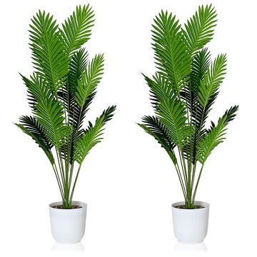 Set of 2 Artificial Areca Palm Plants in Pots, 50 Inch Fake Tropical Palm Trees with Greenery Leaves and Stems, Faux