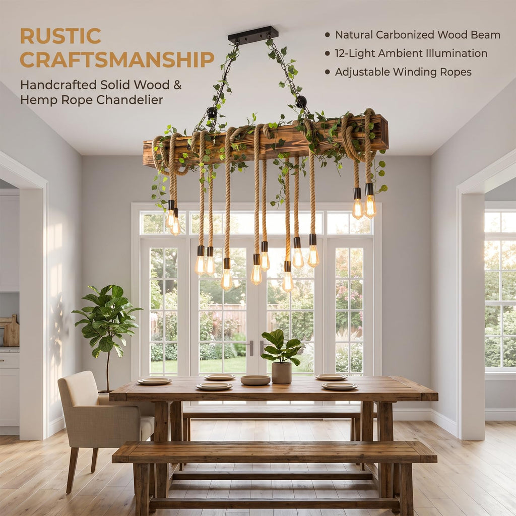 Rustic Wood Beam Chandelier, Industrial Hemp Rope Pendant with Faux Ivy Greenery, Farmhouse Linear Hanging