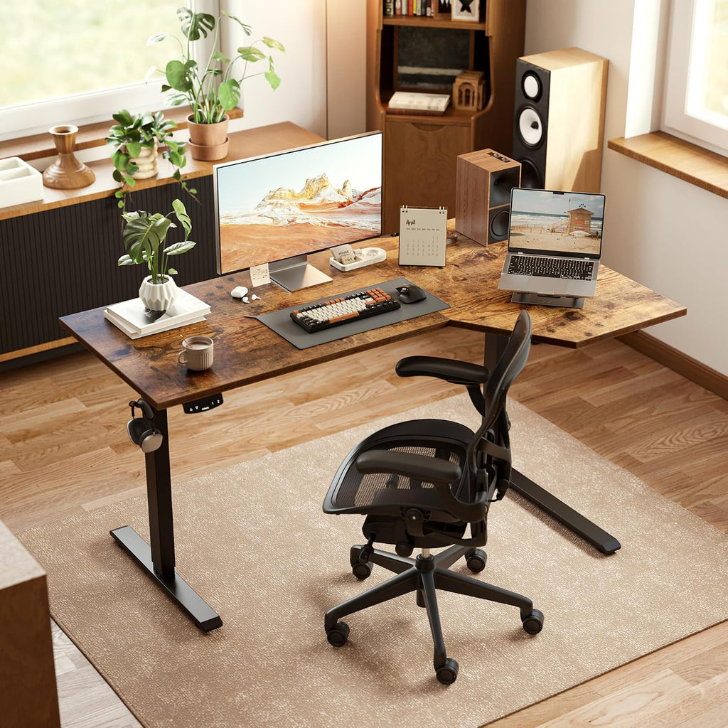 55 x 32 Inch Corner L Shaped Electric Standing Desk, Rustic Brown | Electric Height Adjustable, L-shape Workspace