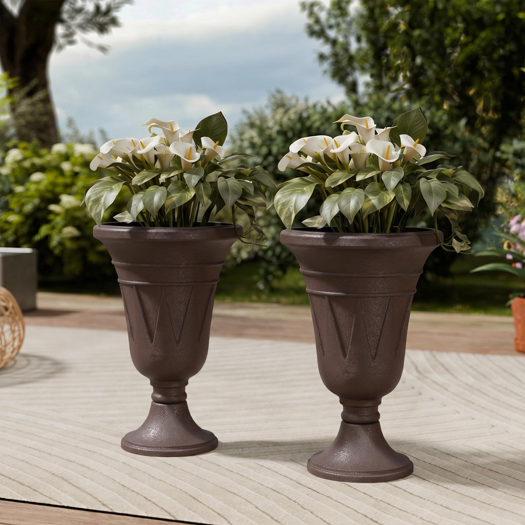 24" Outdoor Urns Planters Large Set of 2, Tall Urn Planters Brown