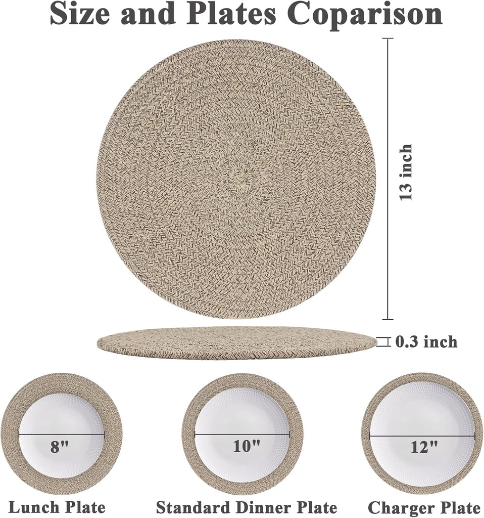 Round Placemats, Cotton Rope Woven Table Mats, Hot Pads, Non Slip Heat Resistant Place Mats, 13 Inches - Set of 6