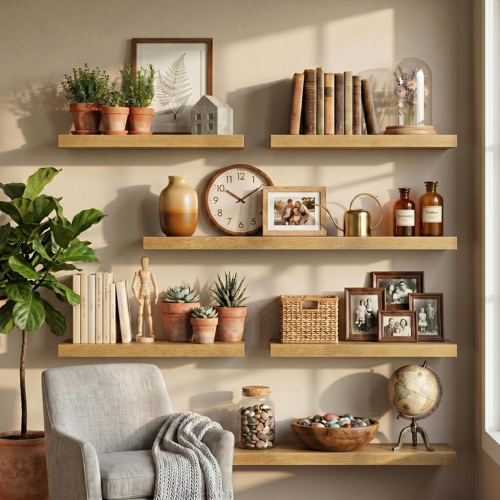 30 Inch Floating Shelves for Wall, Oak Wood Wall Mounted Shelf with Invisible Bracket, 10 Inch Deep Large Shelves