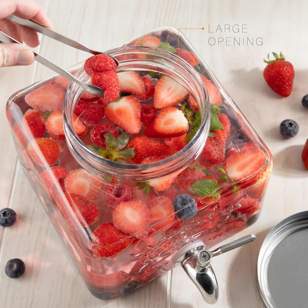 Glass Drink Dispenser for Fridge - Stainless Steel Spigot Mason Jar Dispenser with Wide Opening & Easy-Fill