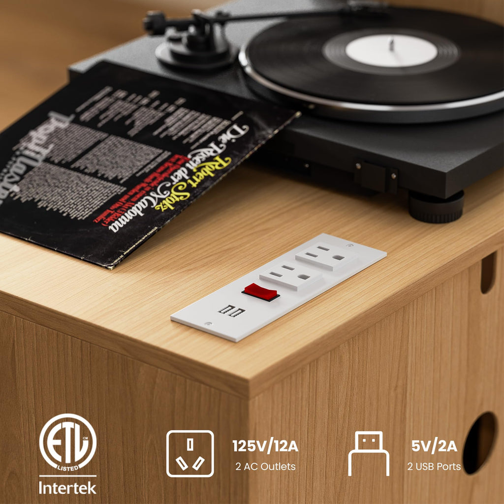 Large Record Player Stand with Power Outlet, Vinyl Record Storage Table Holds Up to 400 Albums, Mid-Century Turntable