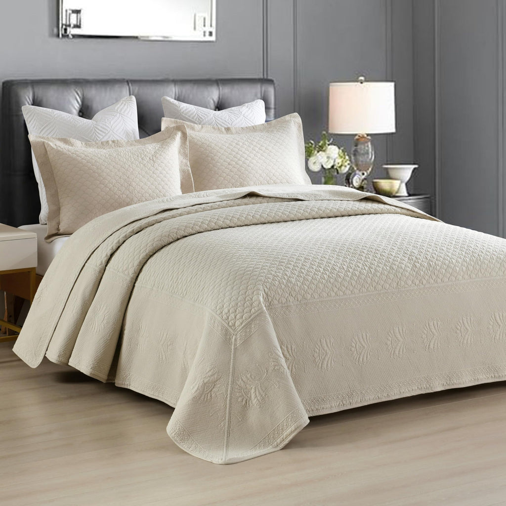 3-Piece 100% Cotton Oversized Bedspread Lightweight Quilt Coverlet Embroidery Farmhouse Bedding Set (TM Khaki Beige