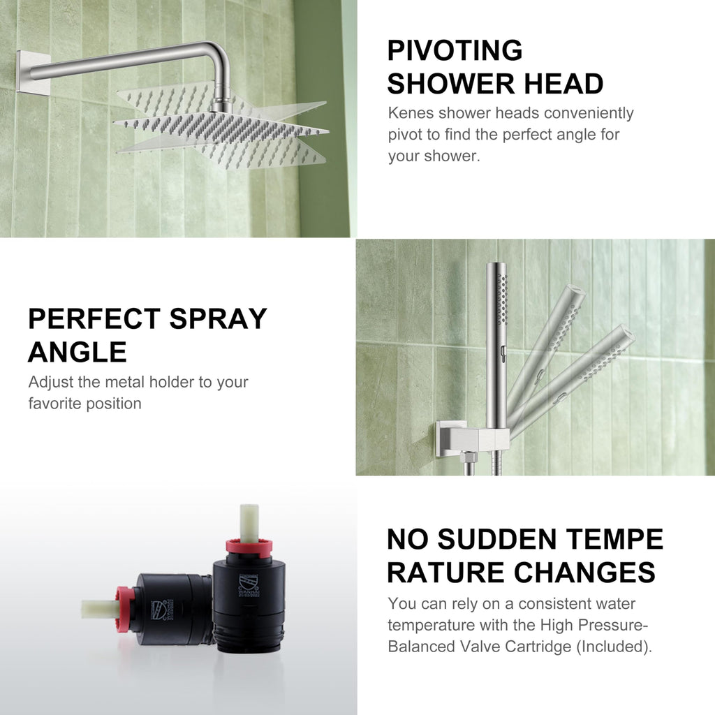 Brushed Nickel Square Rain Shower System Faucet Set with Handheld