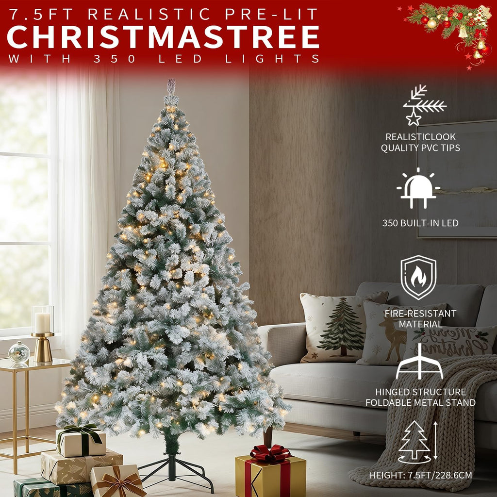 Pre-Lit Snow Flocked Artificial Christmas Tree, 350 Lights
