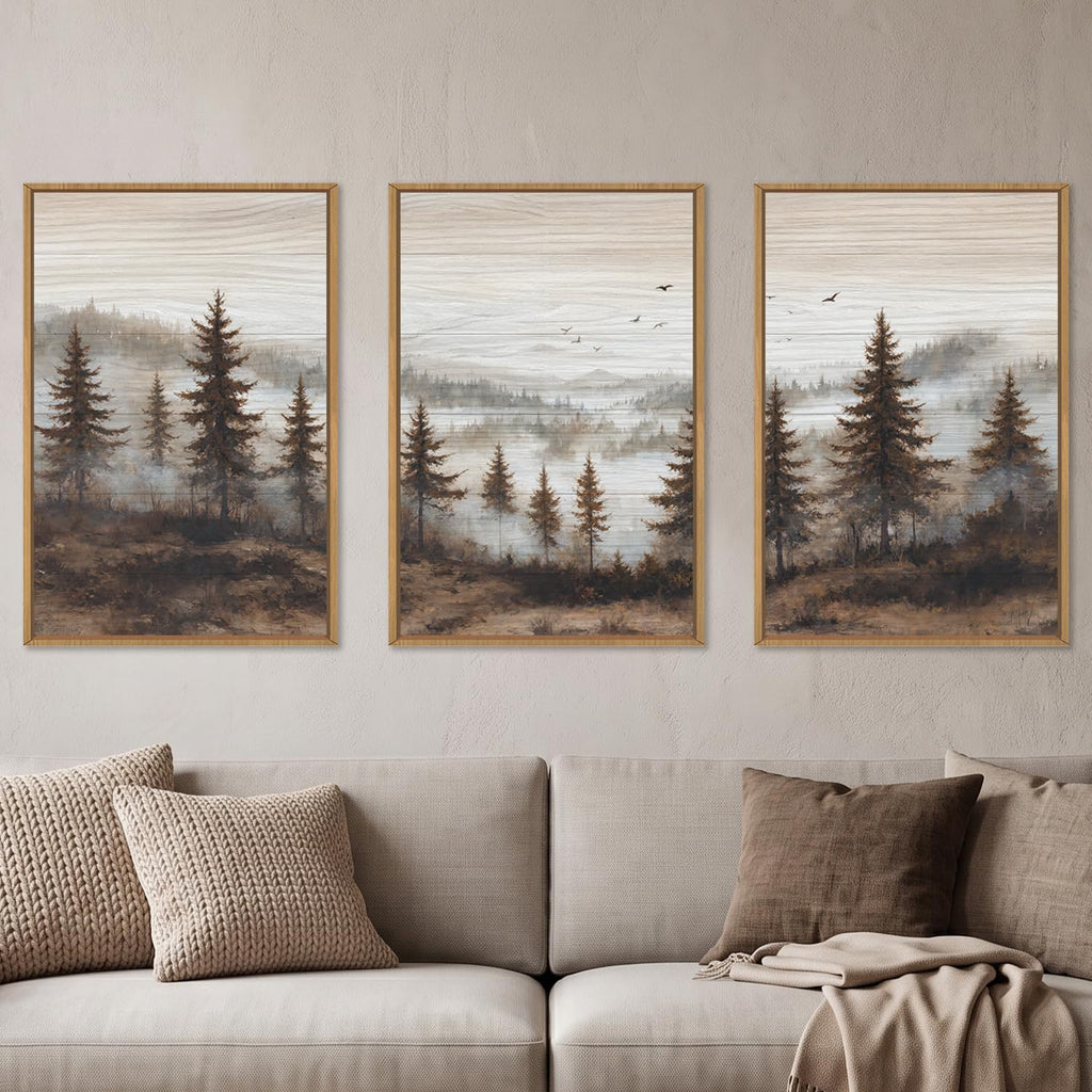 Large Foggy Pine Tree Mountain Framed Canvas Wall Art Set-16"x24"x3