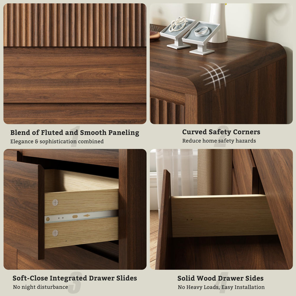 Walnut Fluted 9 Drawer Dresser, Curved Edge, 50" Wide
