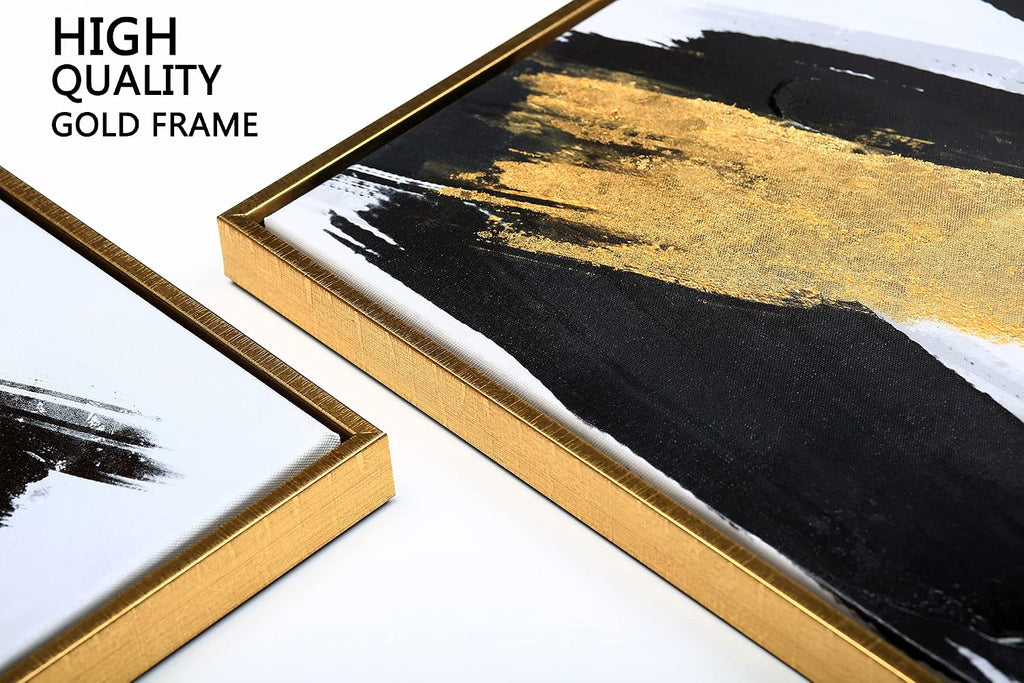 Gold Framed Black and Gold Abstract Canvas Wall Art Prints 3D Textured Black Brushstrokes Painting with Gold Foil