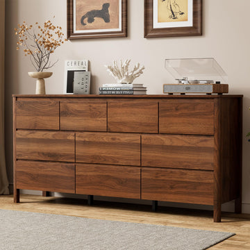 63.1" Wide 10 Drawer Wood Dresser with Legs, Walnut
