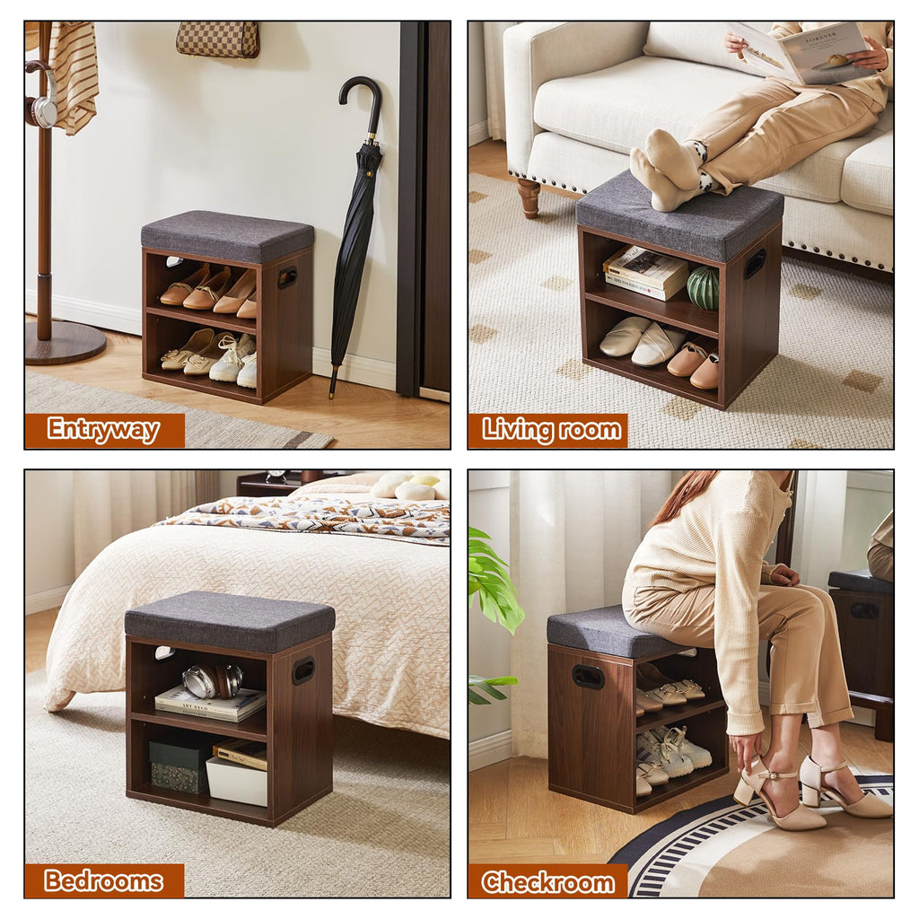 Small Shoe Storage Bench with Cushion, Light Walnut
