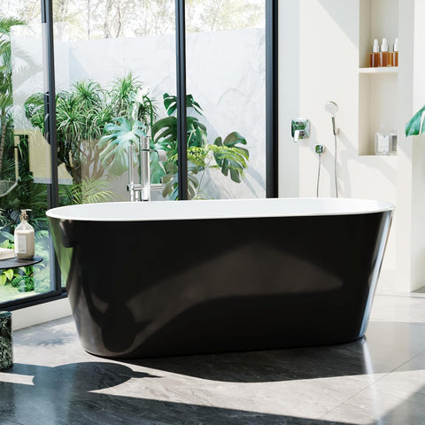 59 Inch Freestanding Bathtub, Acrylic, Deep Soaking Tub with Non-Slip Base, Modern Black Free Standing Tub for