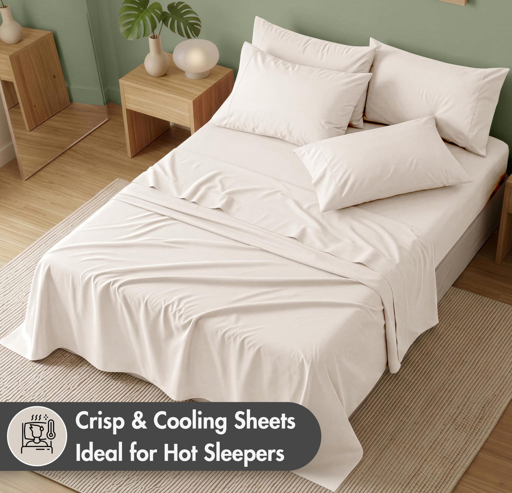100% Cotton Percale King Sheets, King Size Sheets Set, Soft Ivory