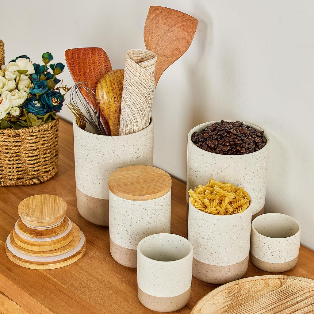 Canisters Sets Countertop Ceramic Kitchen Canisters Food Storage Jar with Airtight Wood Lids & Spoons & - Set of 4