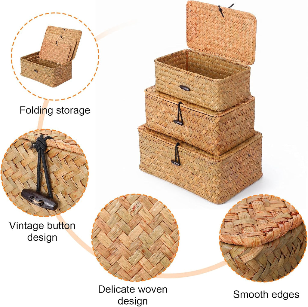 Wicker Basket With Lid Set of 3 Natural Seagrass Storage Bins Rectangular Woven Basket with Lid for Shelf Organizing