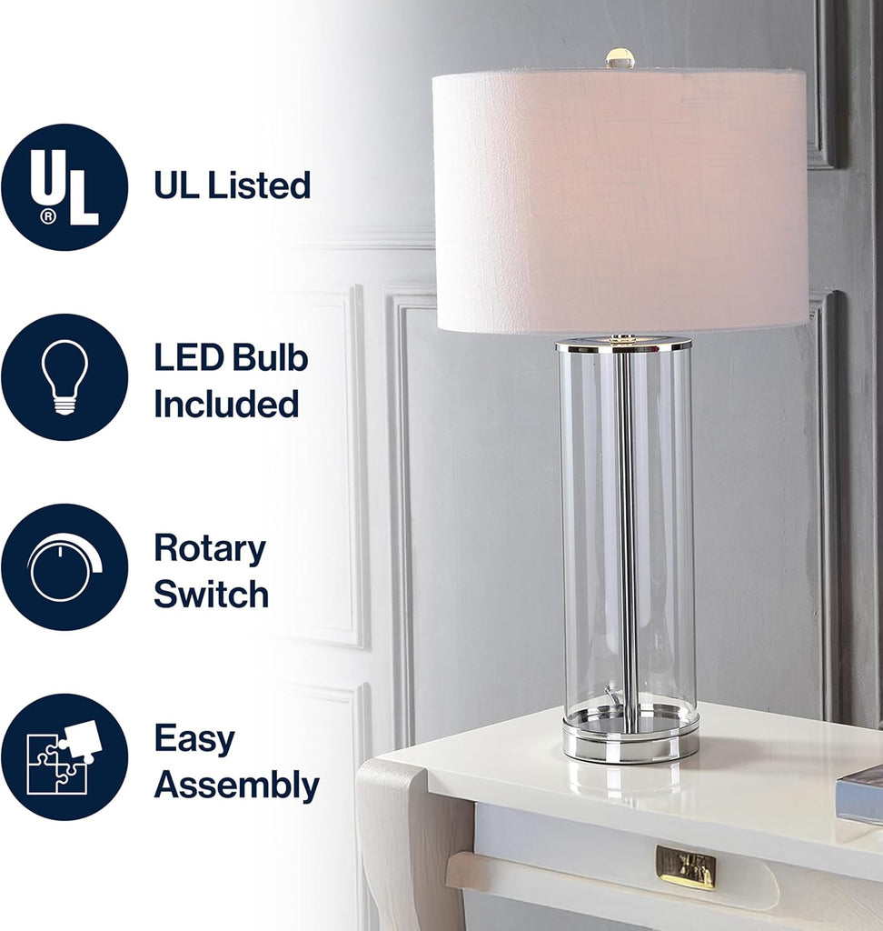 29" Clear/Chrome Modern Glass Table Lamp Bedroom, Minimalist Nightstand Bedside Lamp, White Linen Drum Shade