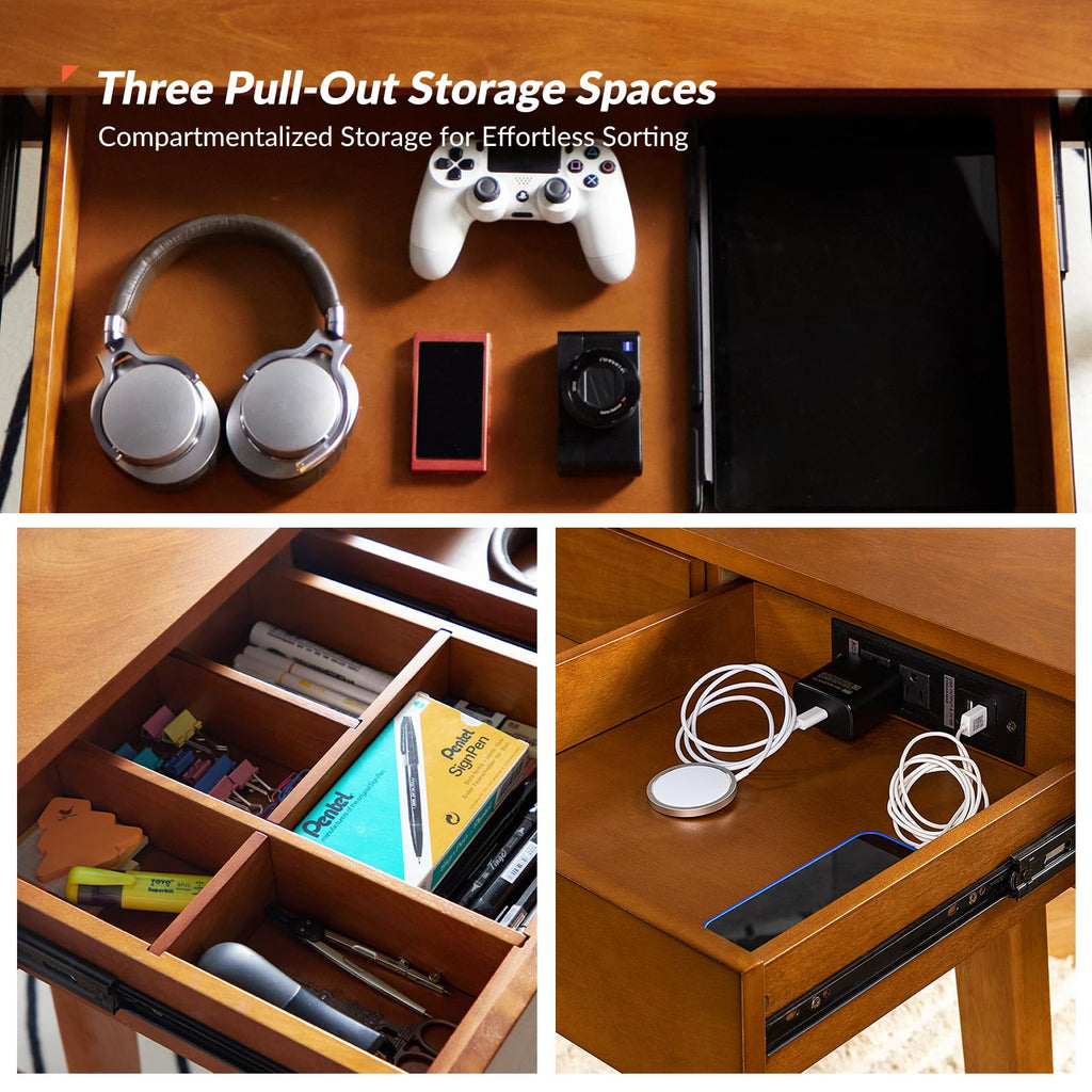 Office Desk with 3 Drawers & Solid Wood Legs, Writing Table with Charging Station & Cable Management, Mid