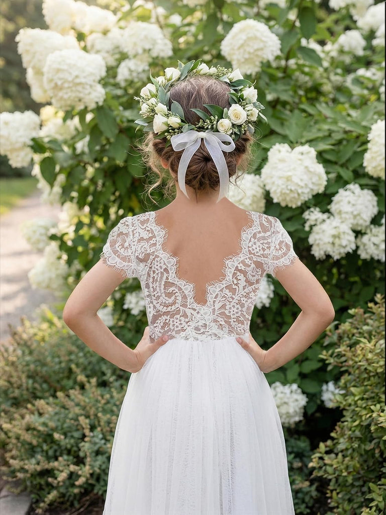 Girl Paisley Lace Back A-Line Straight Tutu Tulle Party Flower Girl Dress