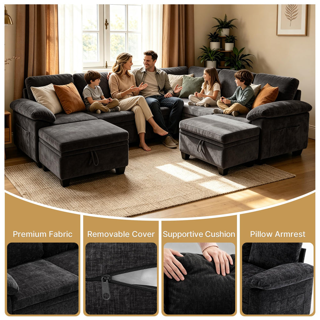 Oversized Sectional Sleeper Couch, 8 Seat Modular Sofa Pull-Out Storage Bed