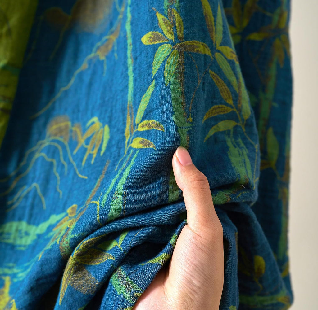 100% Cotton Gauze Ginkgo Leaf Kimono Robe, Long Knit Loose Loungewear Bathrobe Nightgown Ladies Sleepwear for Women