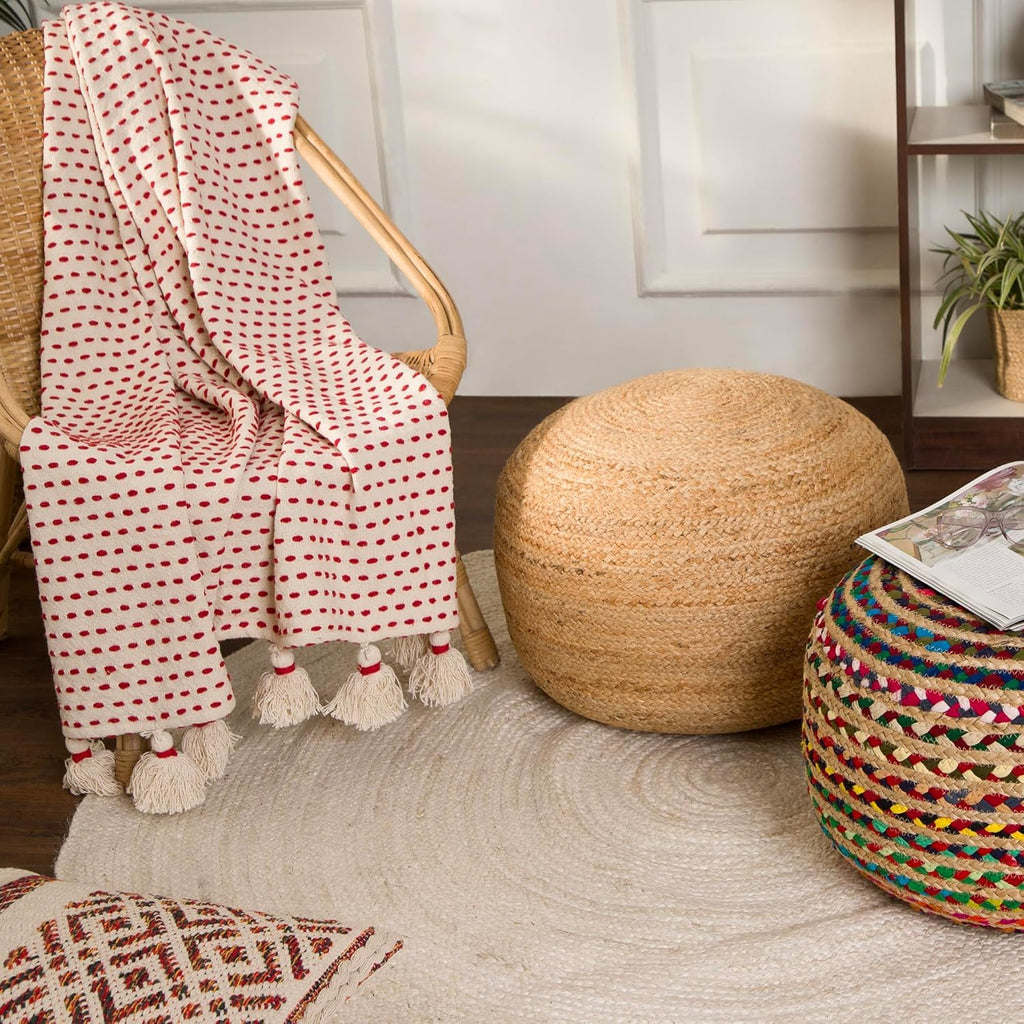 Jute Circular Pouf Ottoman Foot Stool - Jute Natural, Set of 2