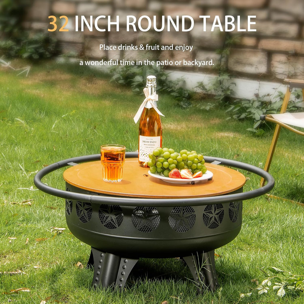 32 Inch Fire Pit with Swivel Cooking Grate,3-in-1 Wood Burning Firepit with Grill,Outdoor Fire Pits Table with Metal