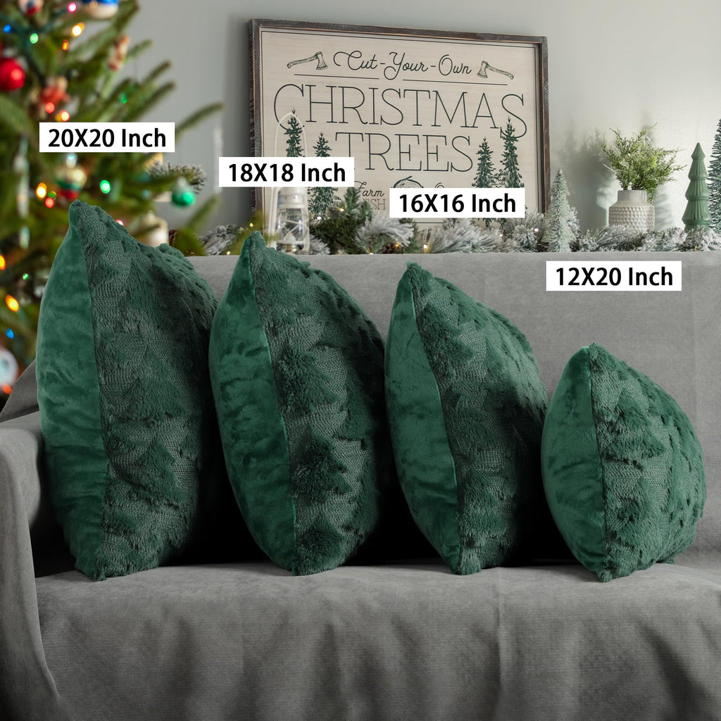 Christmas Tree Decorative Pillow Covers 16x16 Set of 2, Green Soft Plush Faux Fur Farmhouse Throw Cushion Cases for