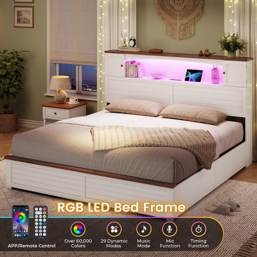 Farmhouse Bed Frame with Bookcase and Storage Cabinets Headboard, Wood Platform Bed with LED Lights