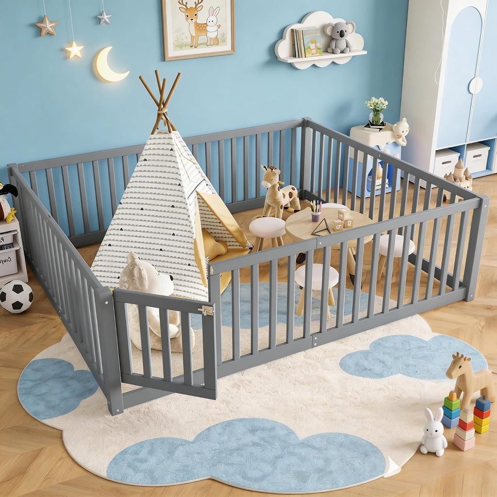 Queen Size Floor Bed with Detachable Door, Wood Kids Floor Bed Queen with Full-length Guardrails, Montessori Floor