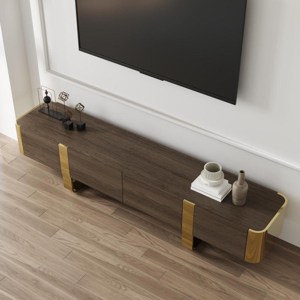 Walnut and Gold TV Stand, 79" TV Entertainment Center with 2 Hidden Storage Drawers and Cabinets, Media Console with