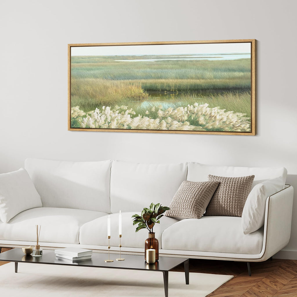 Extra Large Framed Canvas Print Wall Art Tranquil Marshland Soft Pastel Landscape with Golden Reeds and Calm Water