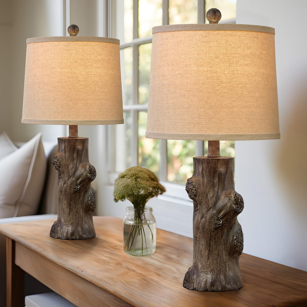 23"Resin Table Lamps Set of 2 Country Cottage Farmhouse Lamp Tree Trunk Wood Grain with Oatmeal Fabric Round Shade
