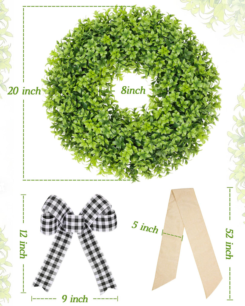 20 Inch Boxwood Wreaths for Front Door, Artificial Spring Wreath for Wall Farmhouse Wedding Porch Green Wreath with