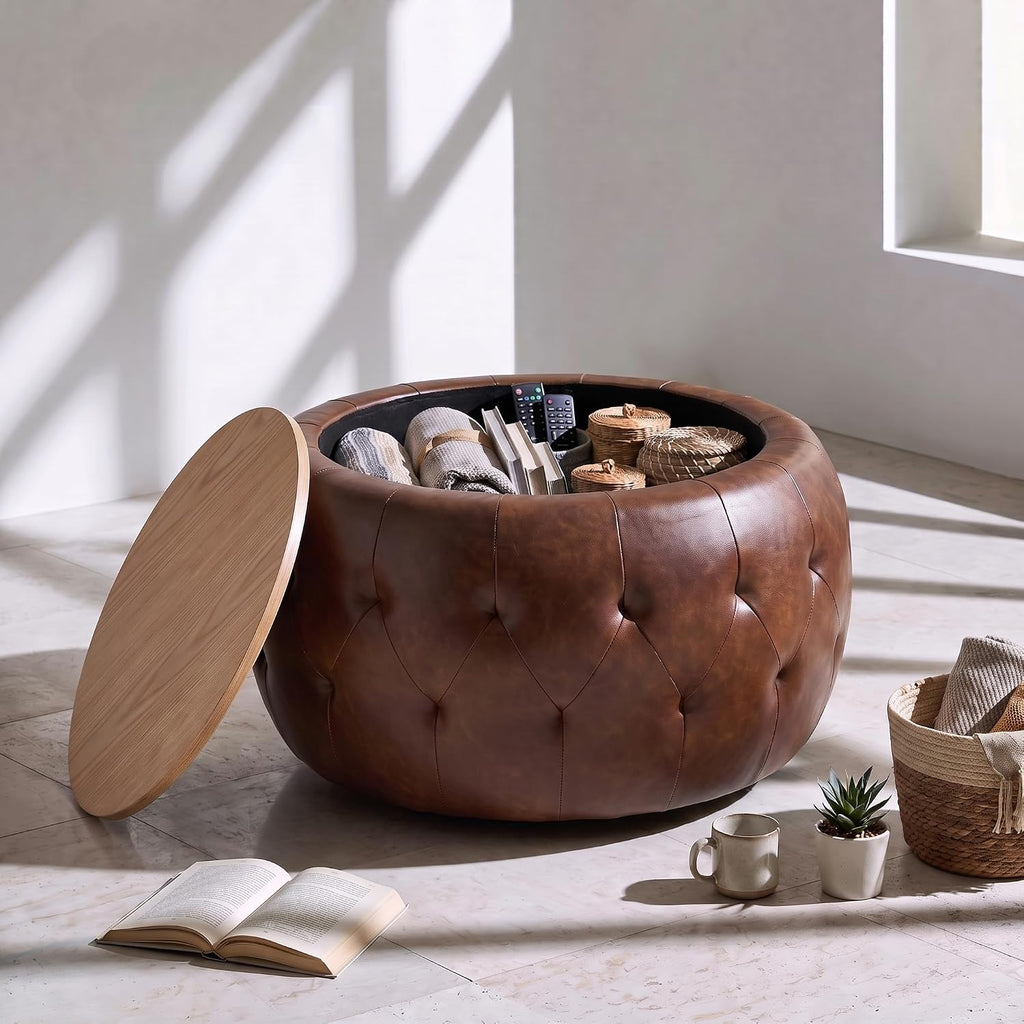 Round Ottoman with Storage, 25 Inches Wooden Top Coffee Table , Modern Upholstered Side Table, Multifunctional Faxu