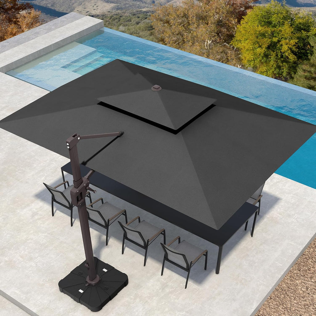 10' X 13' Patio Umbrella with Weighted Base and LED Lights Outdoor Cantilever Large Rectangle Offset Umbrellas Heavy