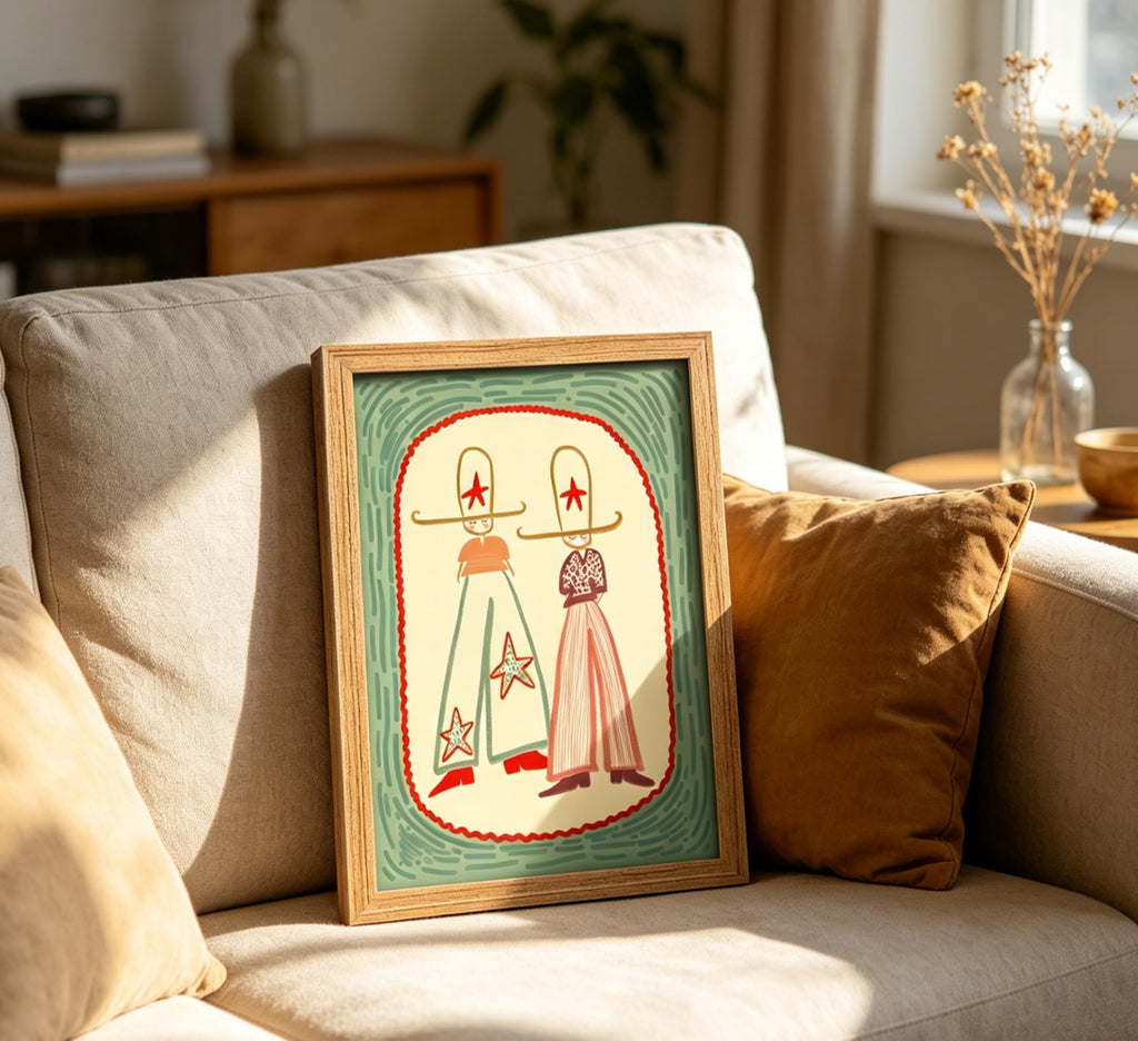 Framed Retro Cowgirl Wall Art, Vintage Western Sta Painting Canvas Prints, Whimsical Boho Cowboy Illustration