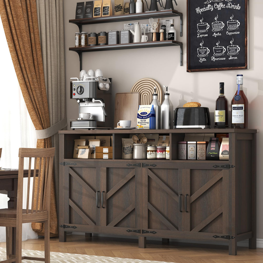 Buffet Sideboard with Storage Farmhouse, Large Kitchen Storage Cabinet Wood Coffee Bar Cabine Buffet, 55in, Brown